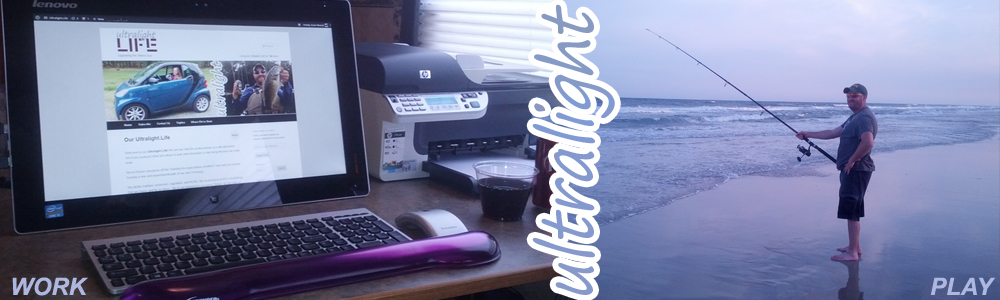 A workstation on the dinette during the day and fishing on the beach at night.